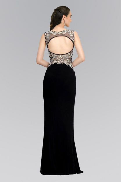 Jewel Embellished Sheer Bodice Jersey Long Dress - ElandielStyle