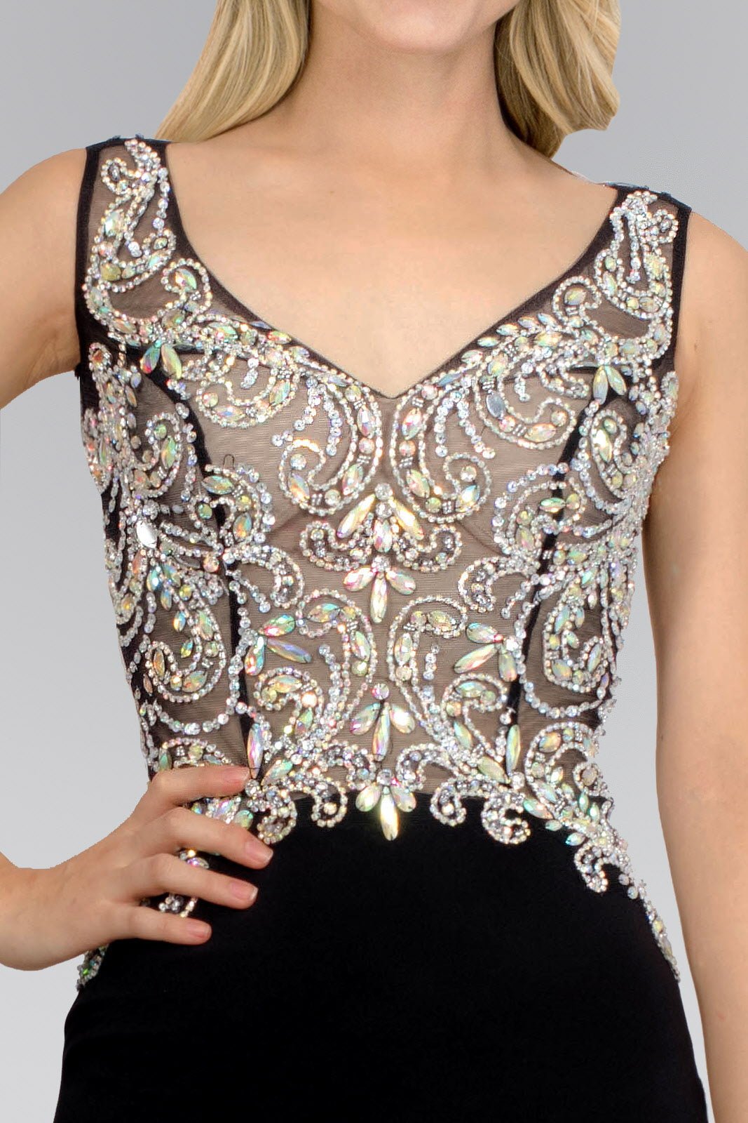 Jewel Embellished Sheer Bodice Jersey Long Dress - ElandielStyle