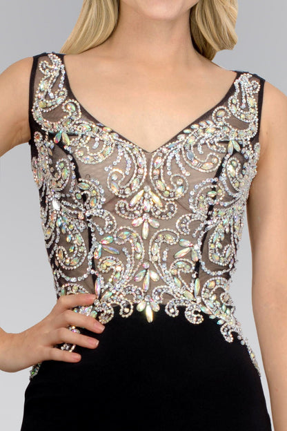 Jewel Embellished Sheer Bodice Jersey Long Dress - ElandielStyle