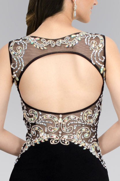 Jewel Embellished Sheer Bodice Jersey Long Dress - ElandielStyle