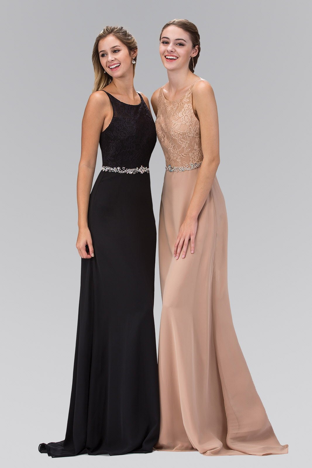 Chiffon Floor Length Dress Accented with Jewel Waistband - ElandielStyle