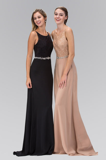 Chiffon Floor Length Dress Accented with Jewel Waistband - ElandielStyle