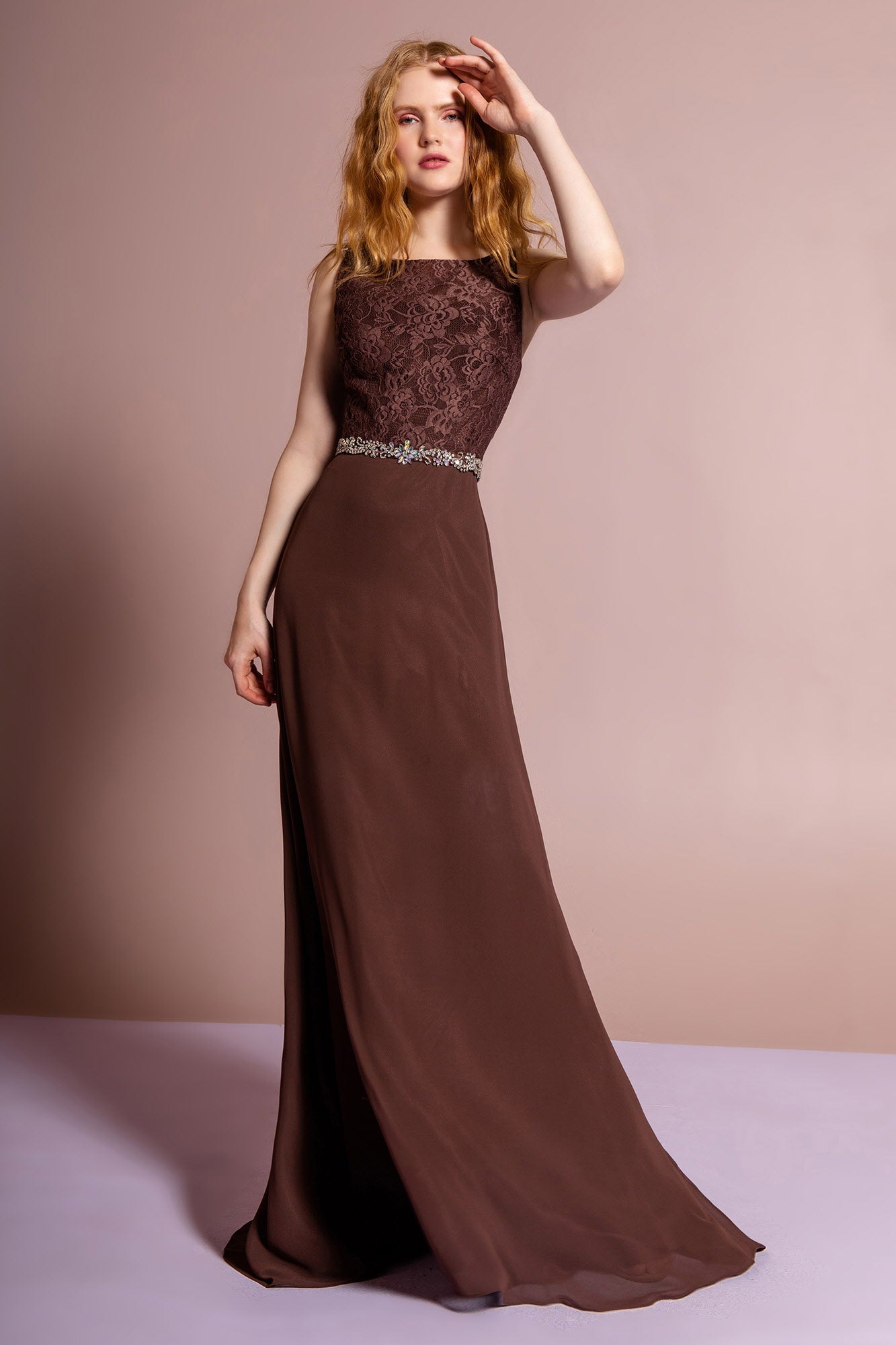 Chiffon Floor Length Dress Accented with Jewel Waistband - ElandielStyle