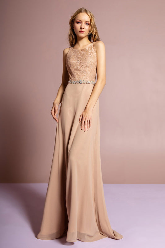 Chiffon Floor Length Dress Accented with Jewel Waistband - ElandielStyle