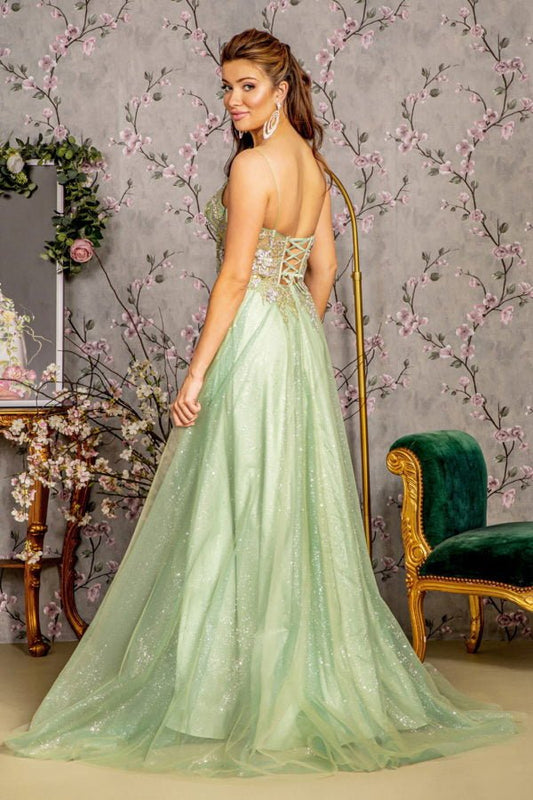 3 - D Flower Jewel Sheer Corset Bodice Mesh A - line Long Dress - ElandielStyle