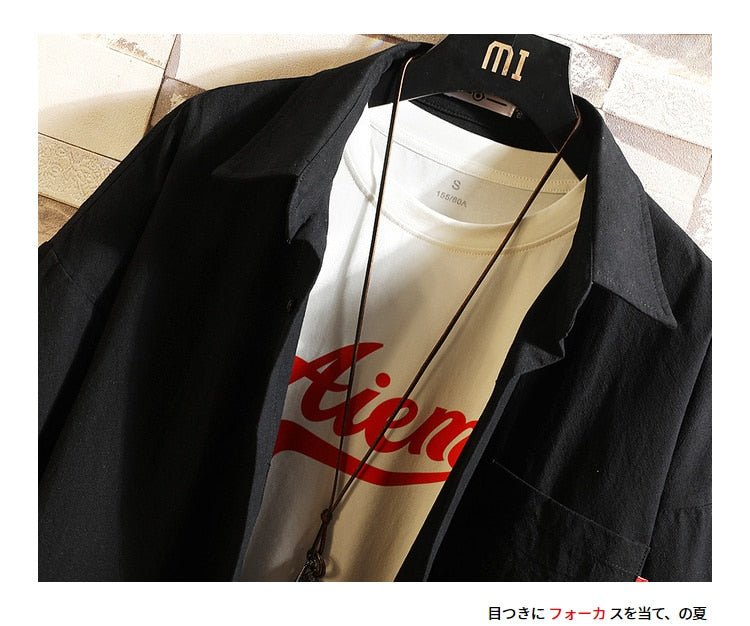White Oversized Cotton Military Mens Blouses Fashion Summer Casual Shirts Top Men Loose Short Sleeve Japanese Male Blouse - ElandielStyle