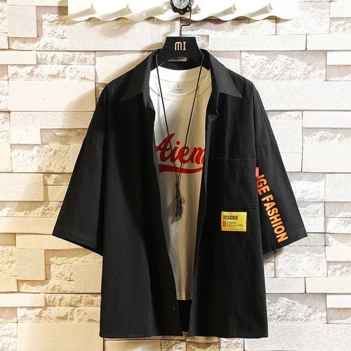 White Oversized Cotton Military Mens Blouses Fashion Summer Casual Shirts Top Men Loose Short Sleeve Japanese Male Blouse - ElandielStyle