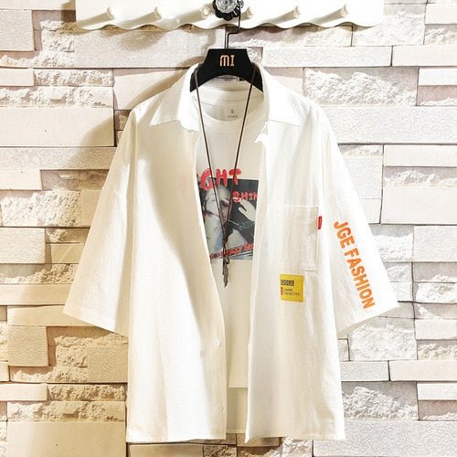 White Oversized Cotton Military Mens Blouses Fashion Summer Casual Shirts Top Men Loose Short Sleeve Japanese Male Blouse - ElandielStyle
