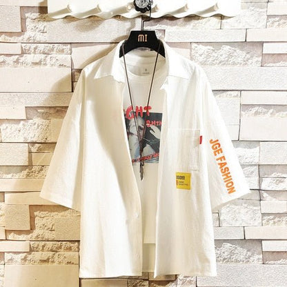White Oversized Cotton Military Mens Blouses Fashion Summer Casual Shirts Top Men Loose Short Sleeve Japanese Male Blouse - ElandielStyle