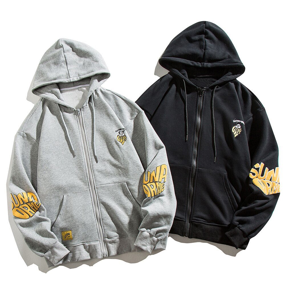 Animal Letter Embroidery Zipper Hooded Hoodie Men Casual College Style Oversized Coats Autumn Fashion Streetwear Couple - ElandielStyle