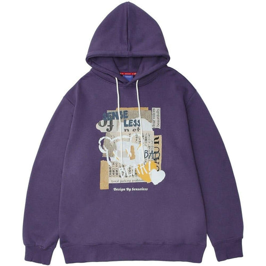 Hoodie Men Kanji Letter Picture Patchwork Hooded Pullover Couple High Street College Style Sweatshirt Autumn Streetwear - ElandielStyle