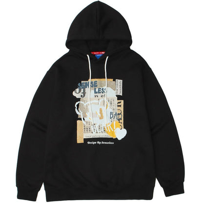 Hoodie Men Kanji Letter Picture Patchwork Hooded Pullover Couple High Street College Style Sweatshirt Autumn Streetwear - ElandielStyle