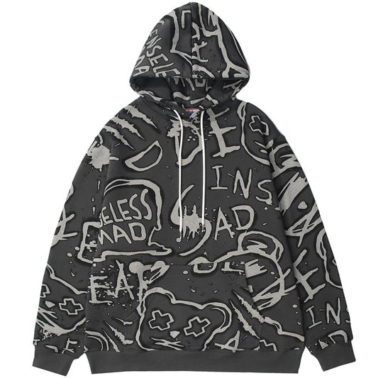 Hoodie Men Harajuku Graffiti Letter Fleece Pullovers Hipster College Style Japanese Retro Casual Tops Couple Streetwear - ElandielStyle