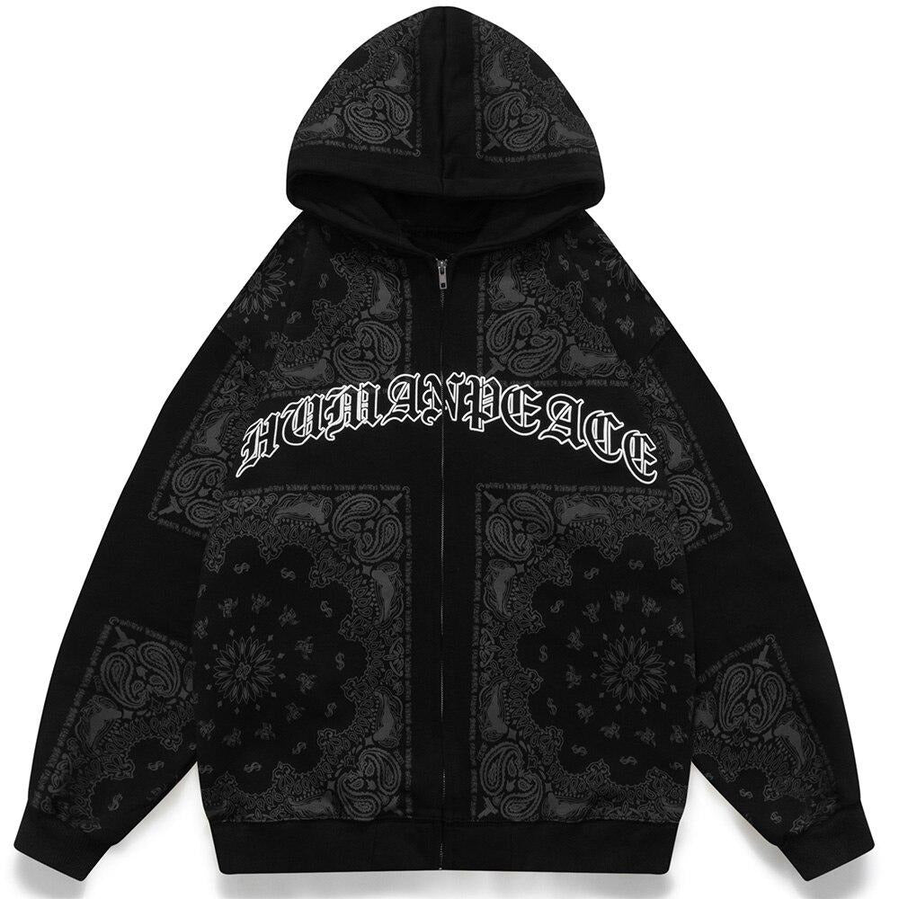 Hoodies Men Vintage Totems Letter Print Zipper Fleece Outwear College Style Casual Harajuku Oversized Couple Streetwear - ElandielStyle