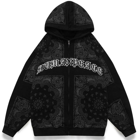Hoodies Men Vintage Totems Letter Print Zipper Fleece Outwear College Style Casual Harajuku Oversized Couple Streetwear - ElandielStyle