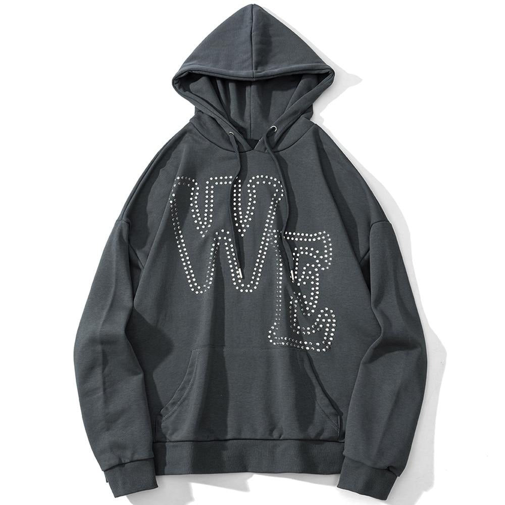 Hoodie Men Punk Rivet Melted Letter Print Sweatshirt Oversized Harajuku Gothic Diablo Style Pullovers Couple Streetwear - ElandielStyle