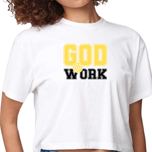 Womens Cropped Graphic T-shirt - God @ Work Yellow and Black Print - ElandielStyle
